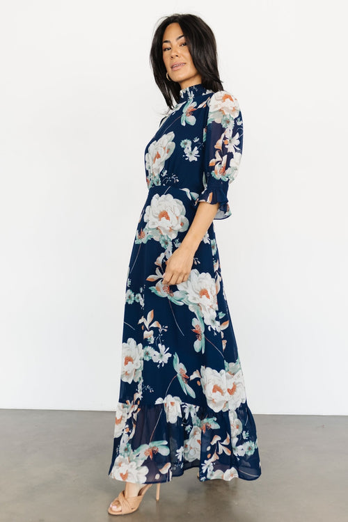 Tie Halterneck Floral Split Maxi Dress In Navy, Miss Floral, SilkFred US