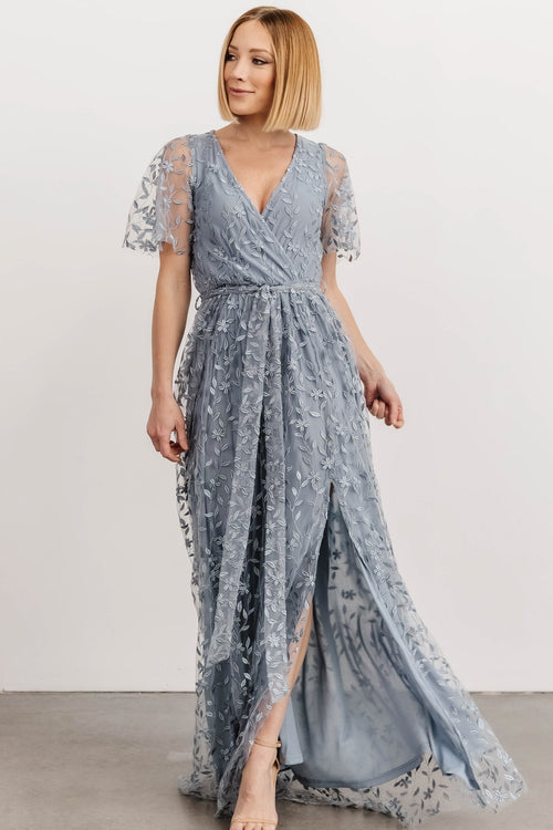 Tracy Dusty Blue Wrap Dress / Knee-length Satin Wrap Dress / Short Flutter  Sleeves Wrap Dress 