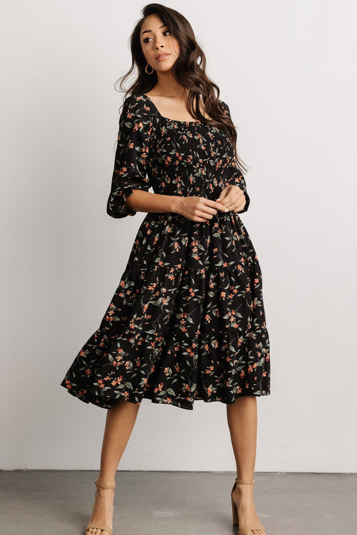 Terrace Views Black Floral Print Tiered Midi Dress