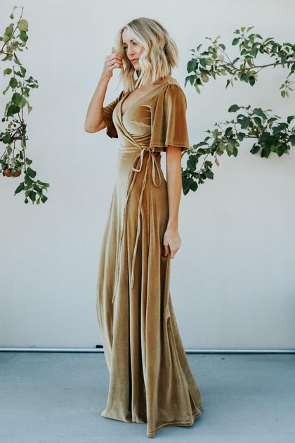 Meghan Velvet Wrap Maxi Dress | Gold | Baltic Born