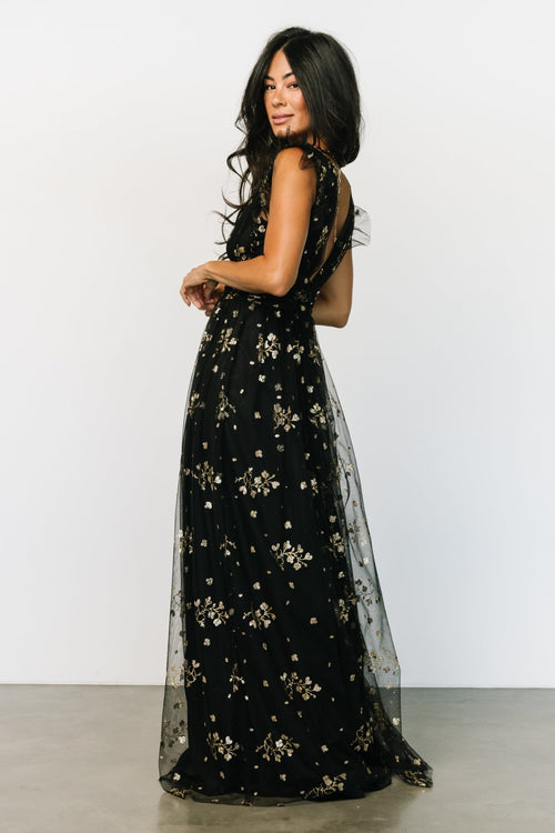 Arabella Embroidered Tulle Maxi Dress, Gold + Black