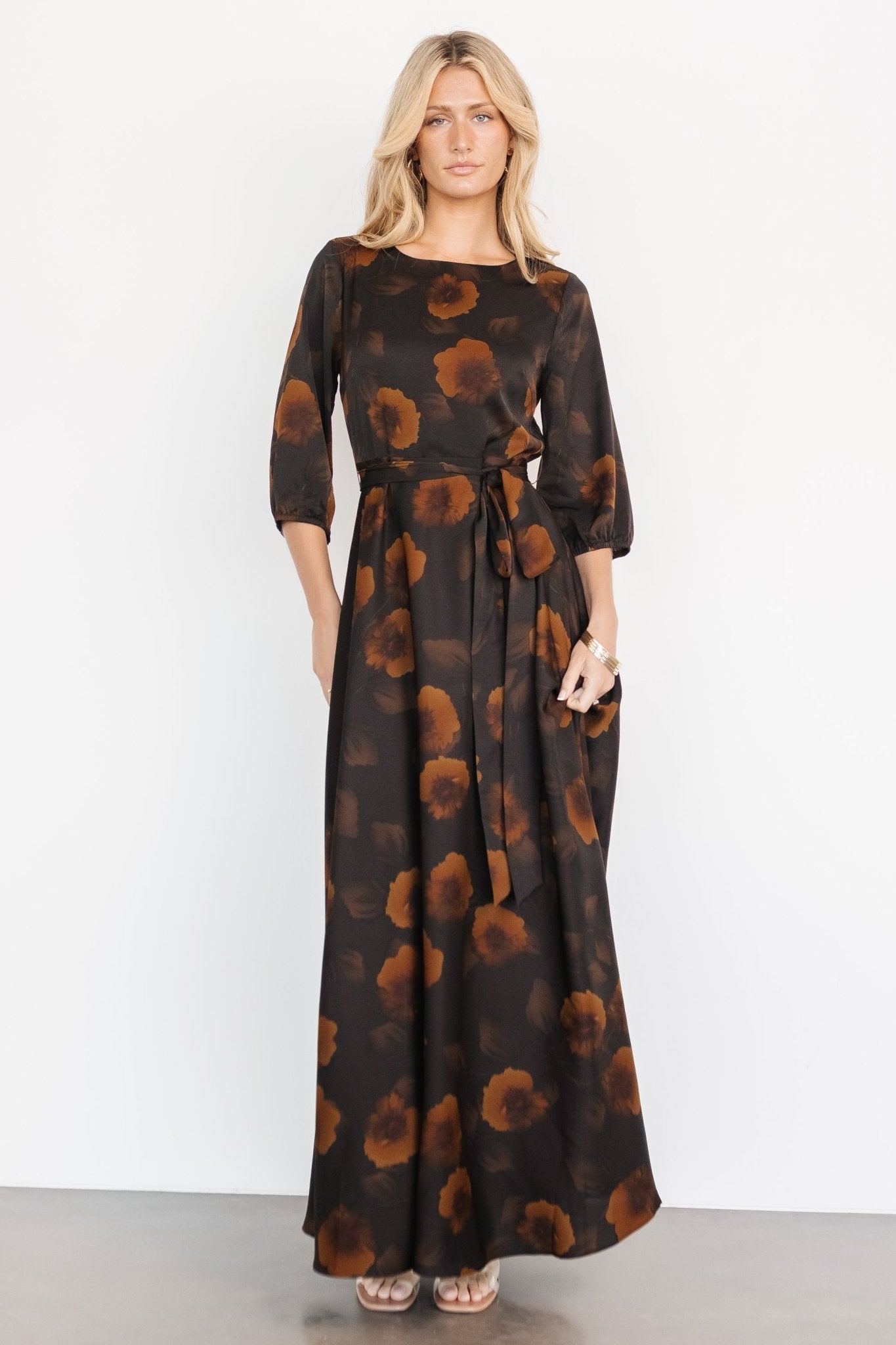 Paula Satin Maxi Dress | Deep Brown Floral