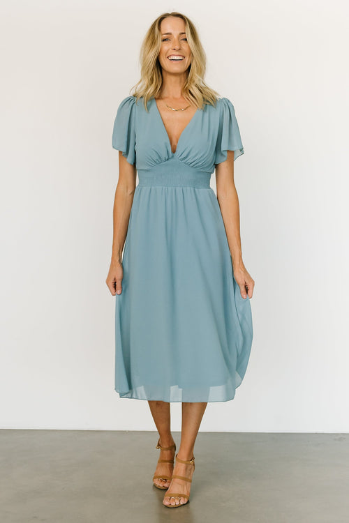 June Smocked Midi Dress, Blue
