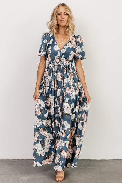 Sicily Satin Maxi Dress | Blue Floral | Baltic Born