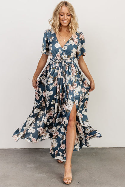 Sicily Satin Maxi Dress | Blue Floral | Baltic Born