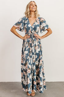 Sicily Satin Maxi Dress | Blue Floral | Baltic Born