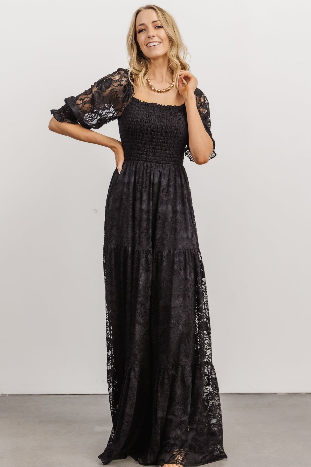 Stella Smocked Lace Maxi Dress | Black | Baltic Born