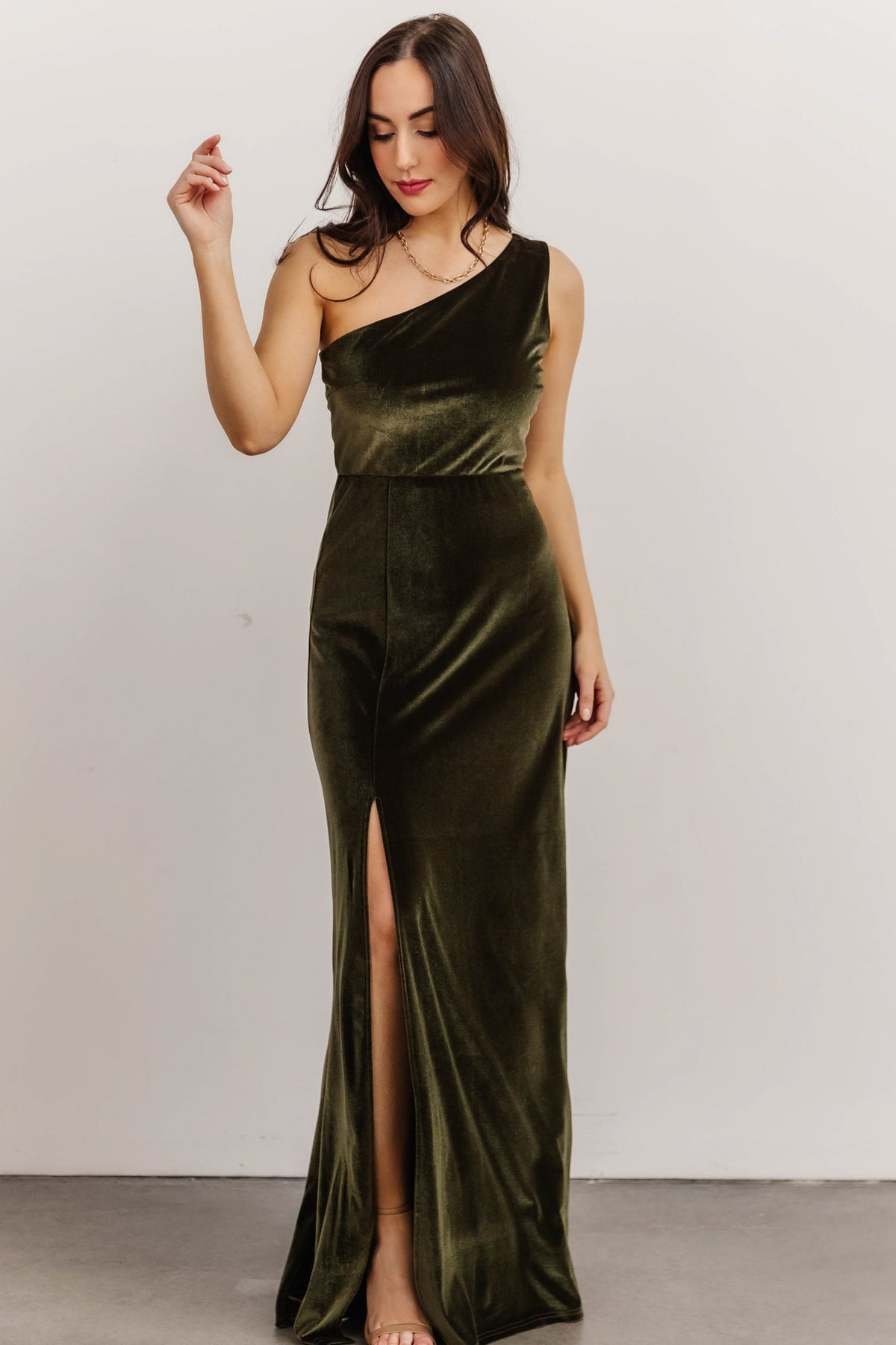 Tatiana Velvet One Shoulder Maxi Dress | Olive | Baltic Born