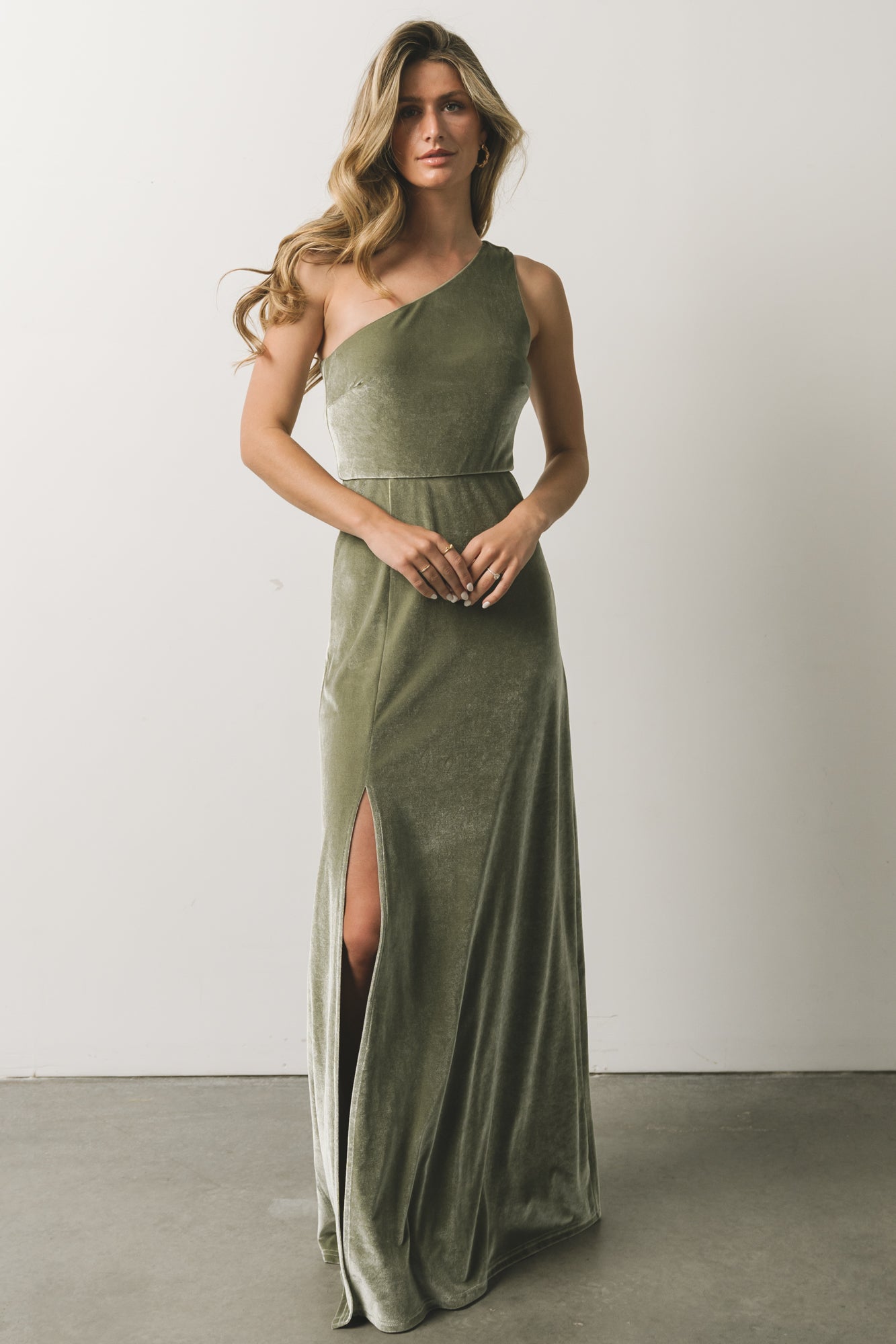 Sage Green Velvet One Shoulder Maxi Dress