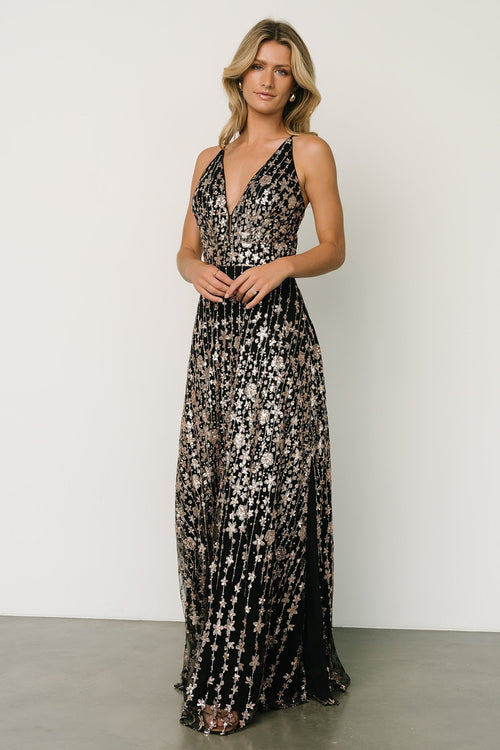 Genevieve Glitter Maxi Dress, Gold + Nude