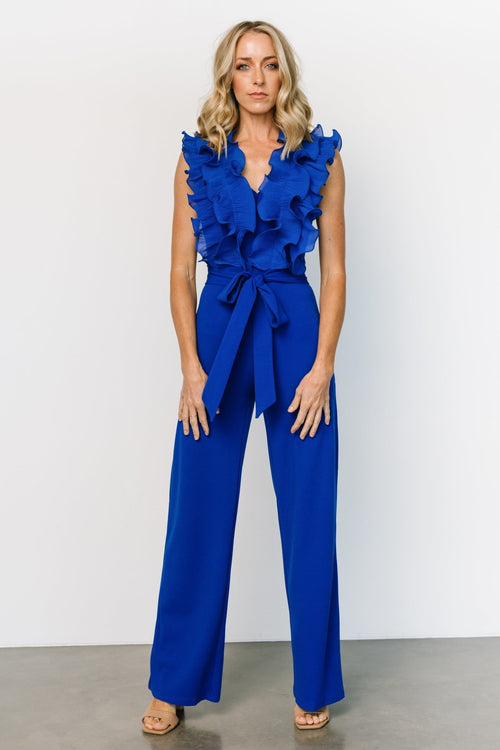 Vesper plunge front wide leg jumpsuit in cobalt