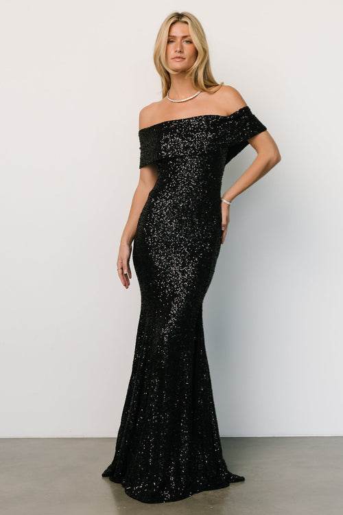 Arabella Embroidered Tulle Maxi Dress, Gold + Black