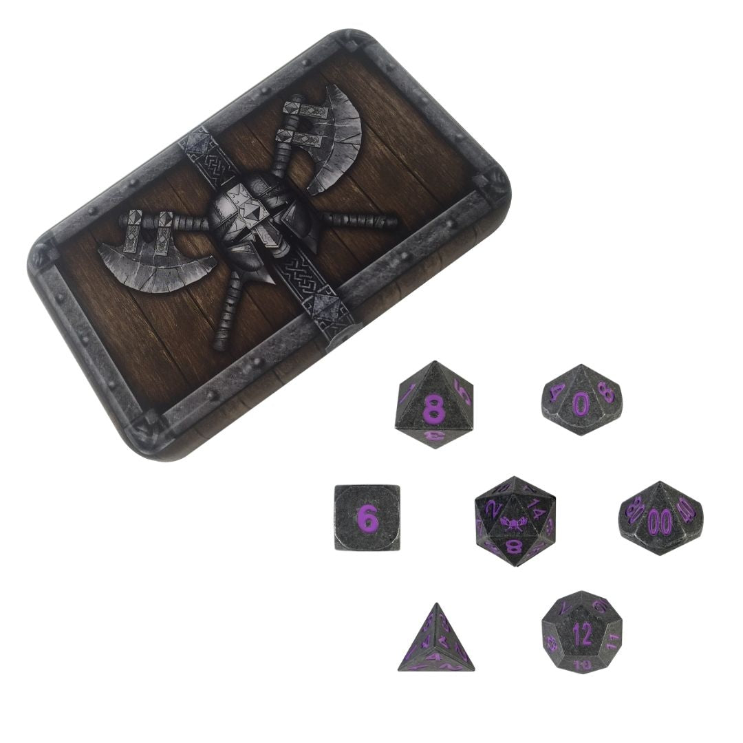 Lich S Kiss Dice Grey Metal Dice With Dwarven Metal Dice Case Skullsplitter Dice