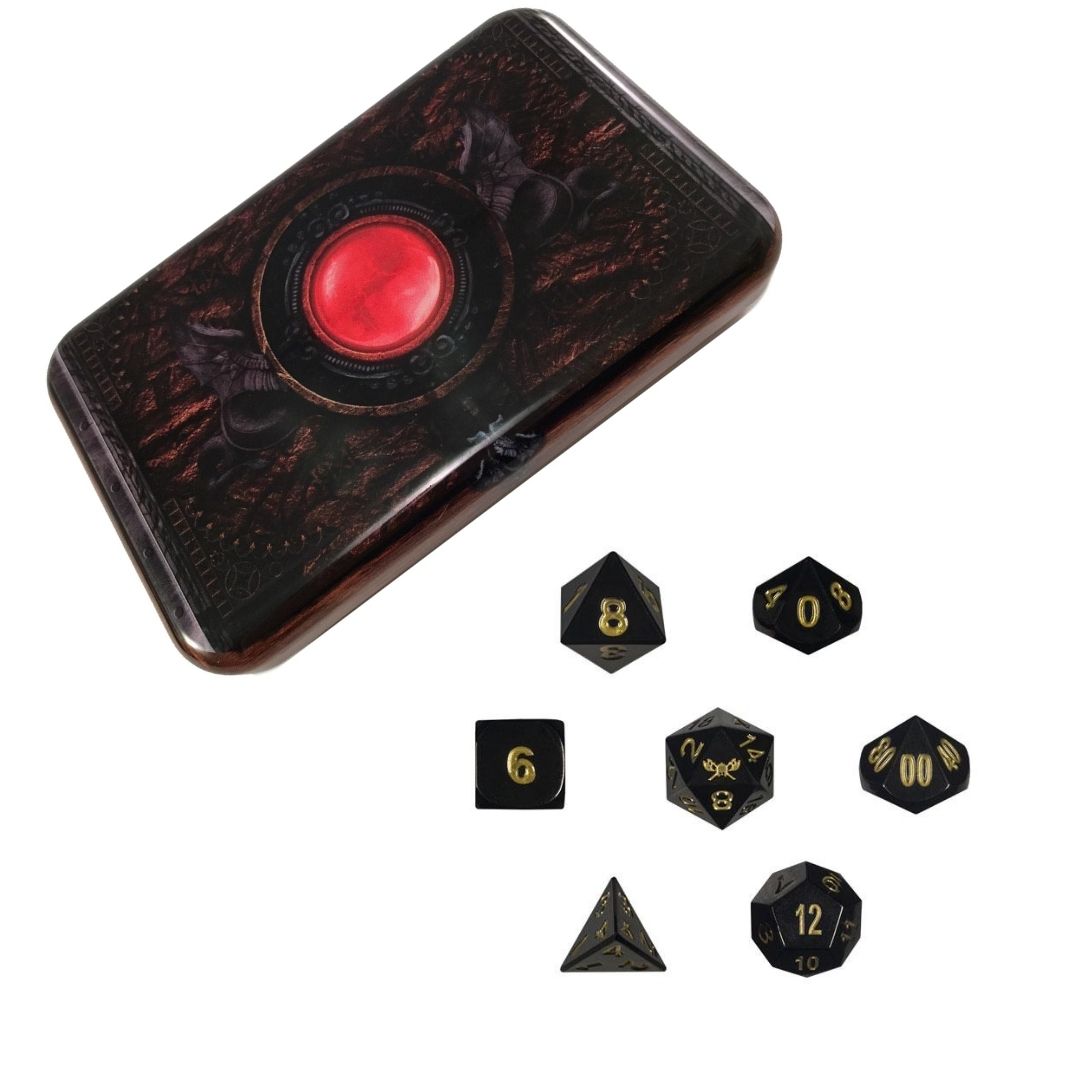 Hope's Glimmer™️ - Shiny Black Nickel with Gold Color Numbers Metal Dice with Warlock Tome Dice Case - SkullSplitter Dice product image