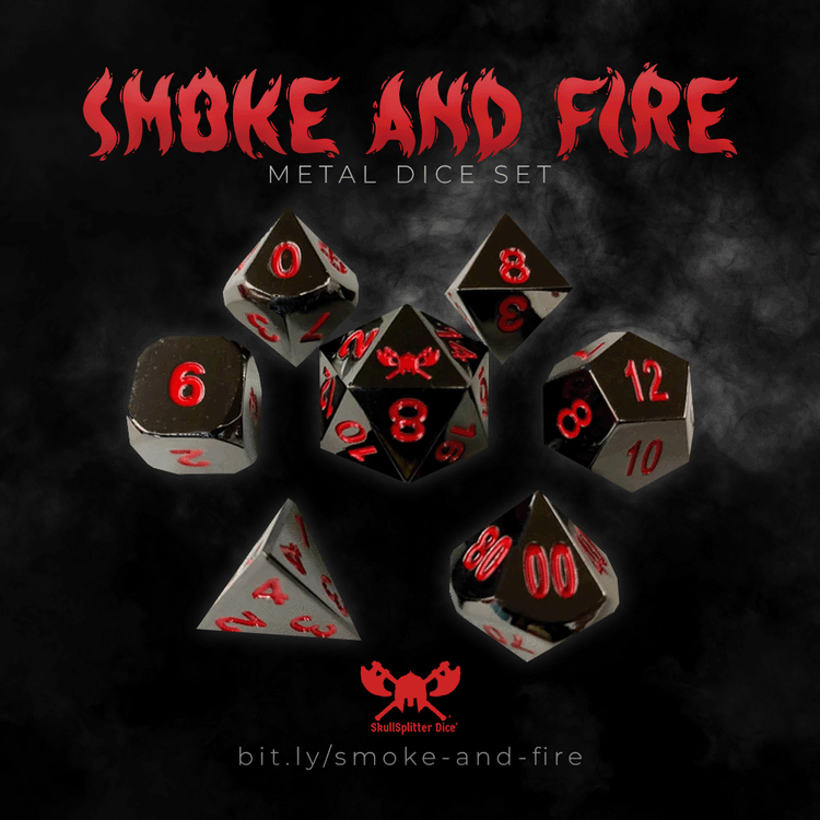 Smoke And Fire Shiny Black Nickel With Red Numbers Metal Dice 7 Die Skullsplitter Dice