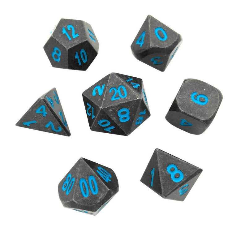 Ice King's Revenge Gray Metal Dice with Blue Numbers – SkullSplitter Dice