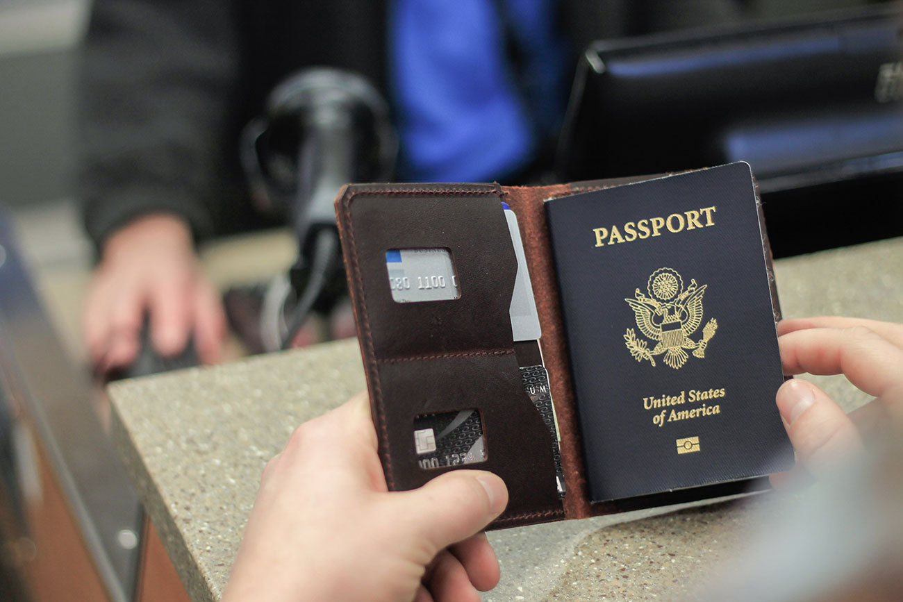 Trayvax passport wallet at airport