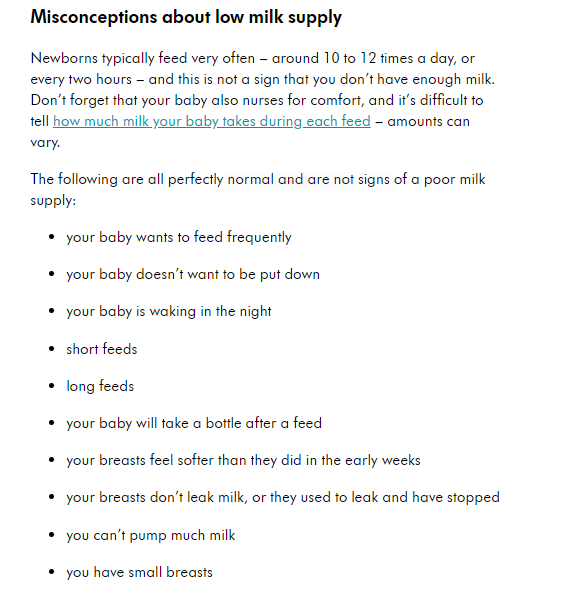 misconceptions low milk supply breast feeding health advice