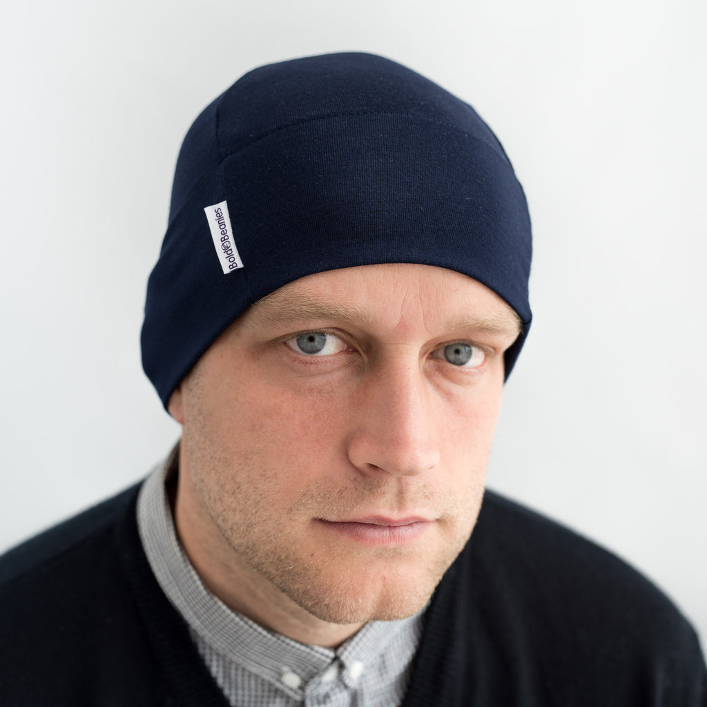 Navy Plain Mens Bold Beanies Hat Cancer Chemo Alopecia Cap 