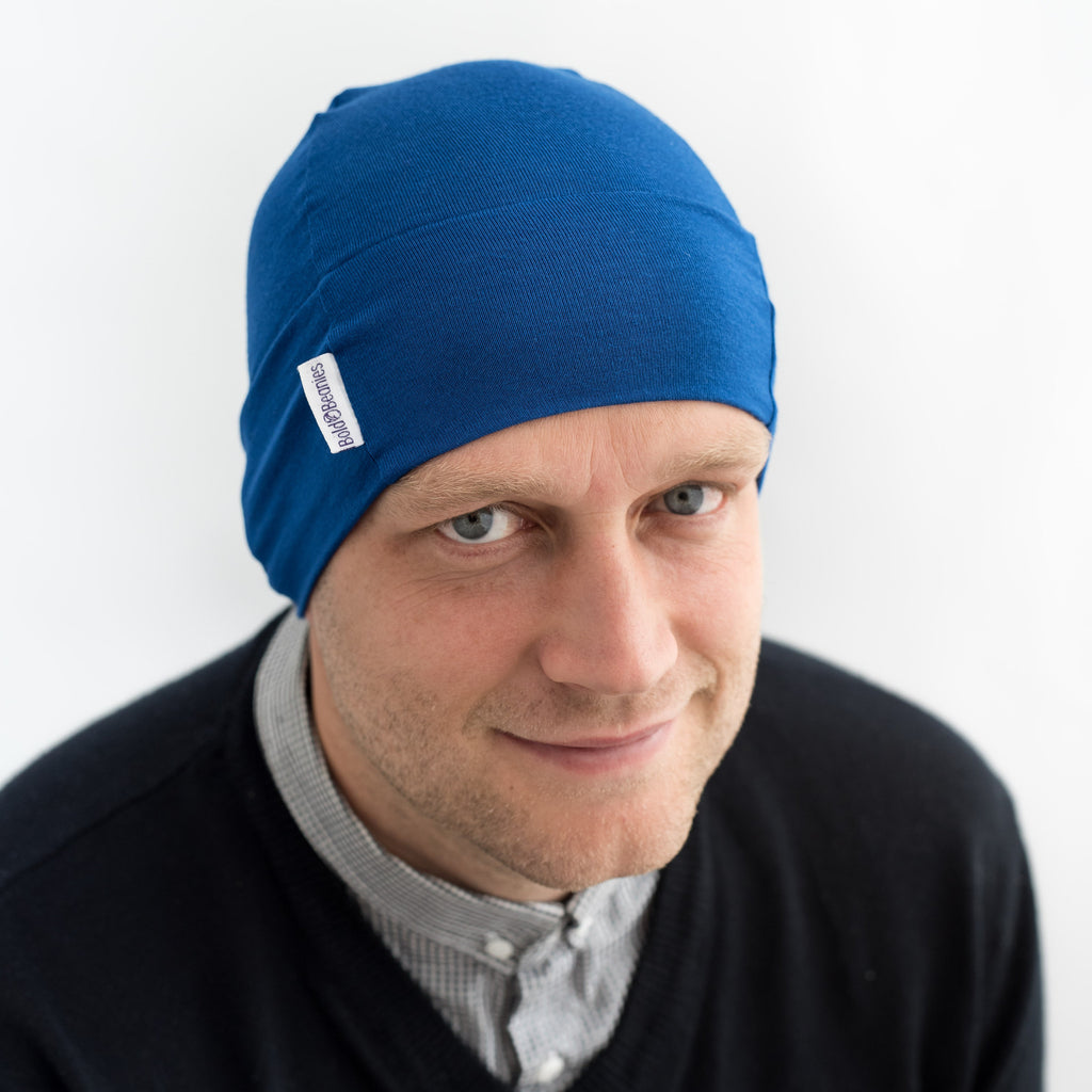 Blue Plain Mens Bold Beanies Hat Cancer Chemo Alopecia Cap Custom 