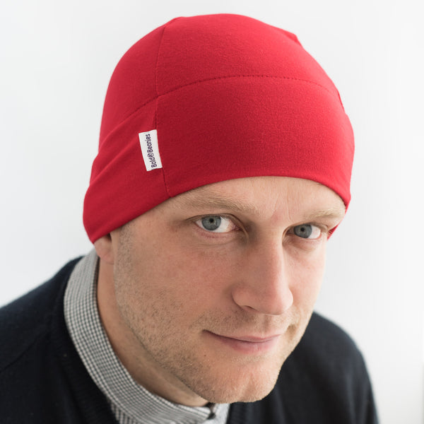 Red Plain Mens Bold Beanies Hat Cancer Chemo Alopecia Cap 