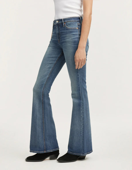 High rise flare jean in mid blue wash