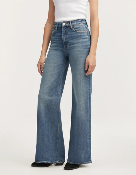 High waist wide leg jean in mid blue wash