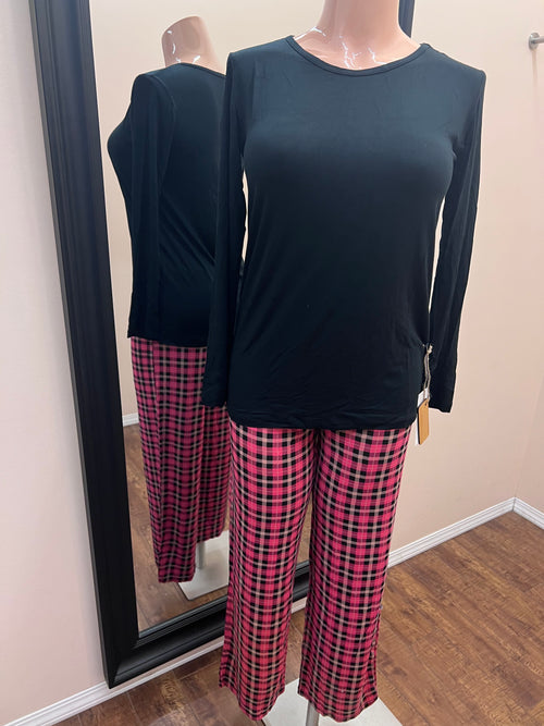 Printed Long Sleeve Loosey Goosey Tee & Pajama Set - 90's Plaid