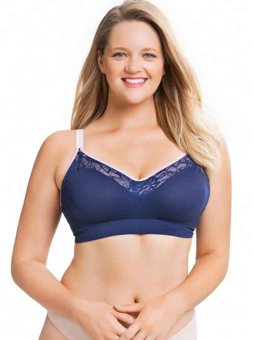 Sugar Candy LUX Wire Free Ultimate Support & Comfort Bra (for F-K Cups),  Yoga Sport Bra, Seamless Wireless Bralette, Navy, X-Large 