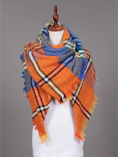 Woven Plaid Patterned Blanket Scarf W/ Fringe