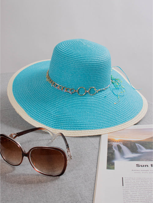 Summer Two Tone Floppy Straw Hat W/ Pearl