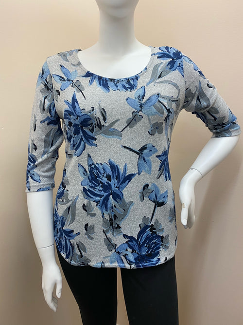 3/4 Sleeve Floral Top - Navy - Size 3 X