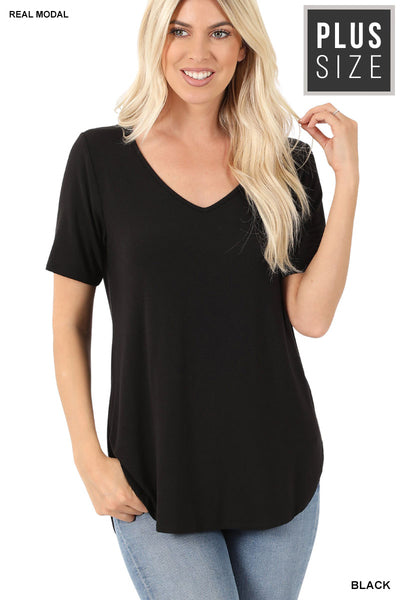 Modal Short Sleeve V-Neck Hi-Low Hem Top