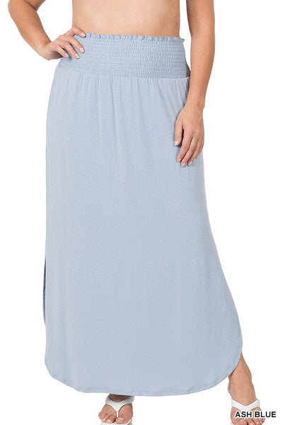 Smocked Waist Side Slit Maxi Skirt with Pockets