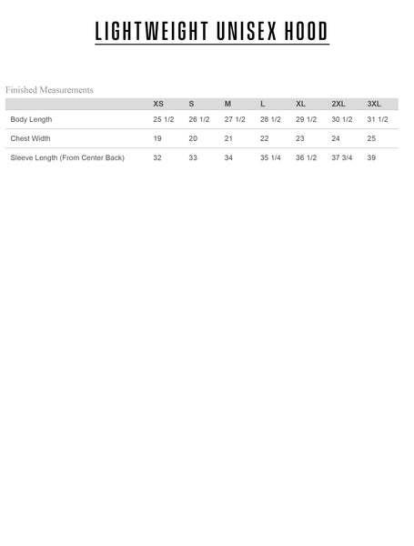LIGHTWEIGHT HOODIE SIZE CHART
