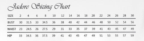 Jadore Size Chart for Rendezvous Designs | Online Shop | Free Shipping