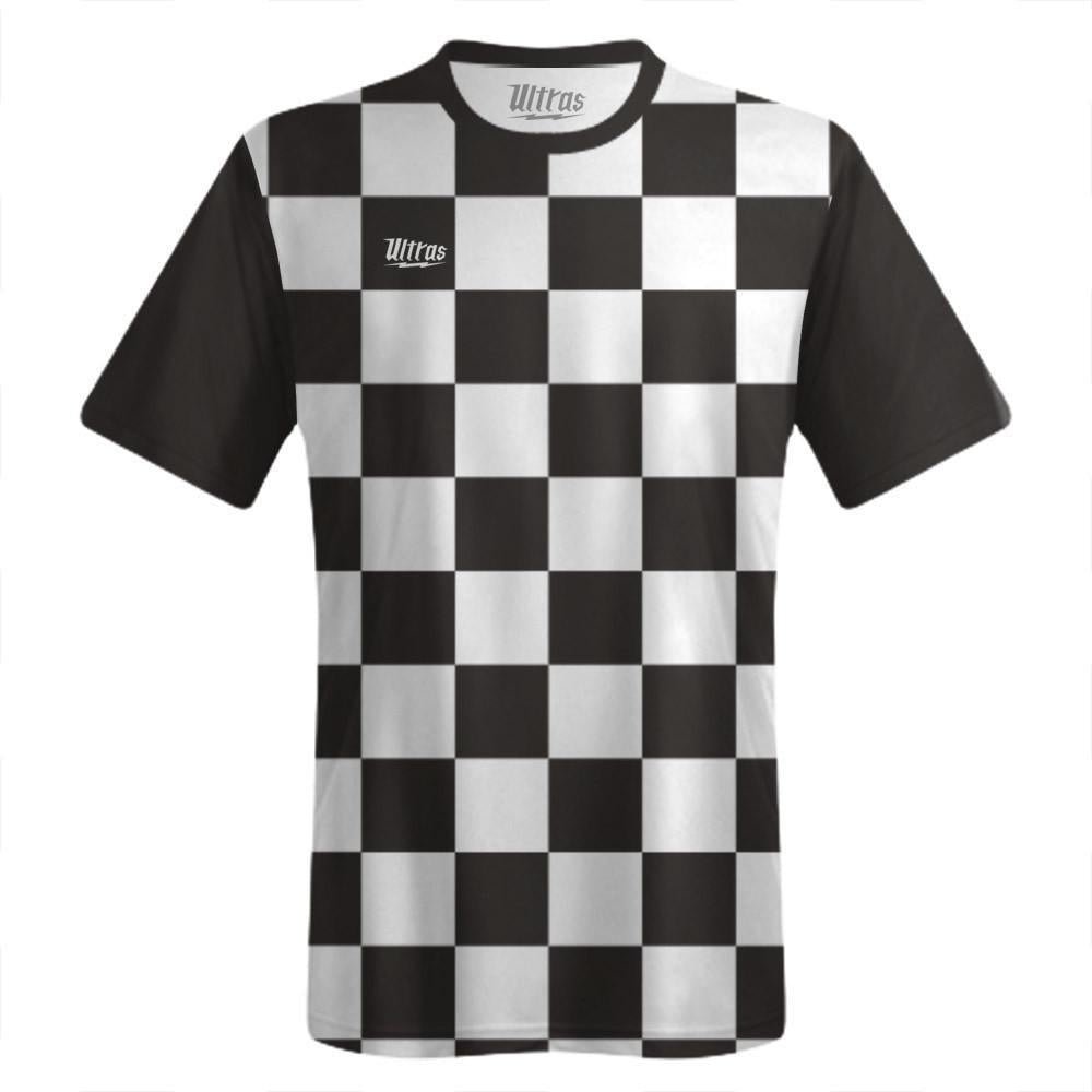 red and white checkered soccer jersey