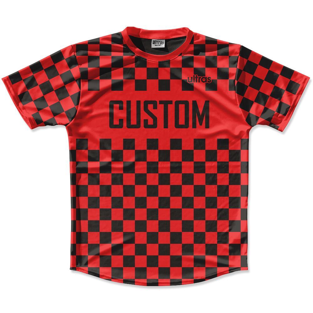 red and white checkered soccer jersey