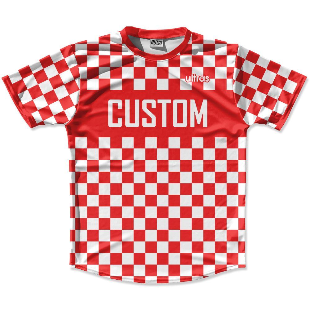 red and white checkered soccer jersey