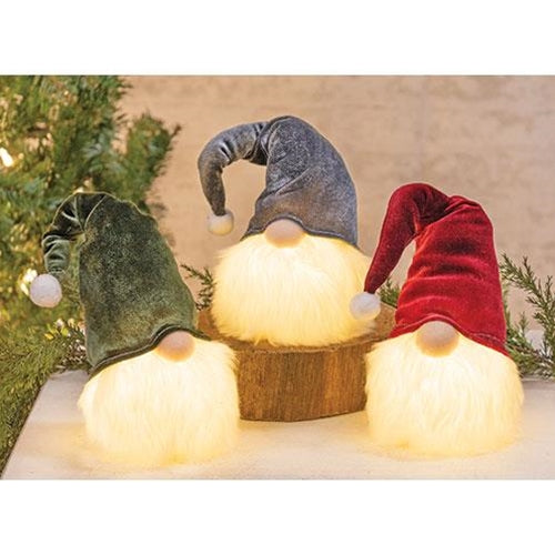 Set of 3 Plush Velvet Hat Light Up LED Gnomes