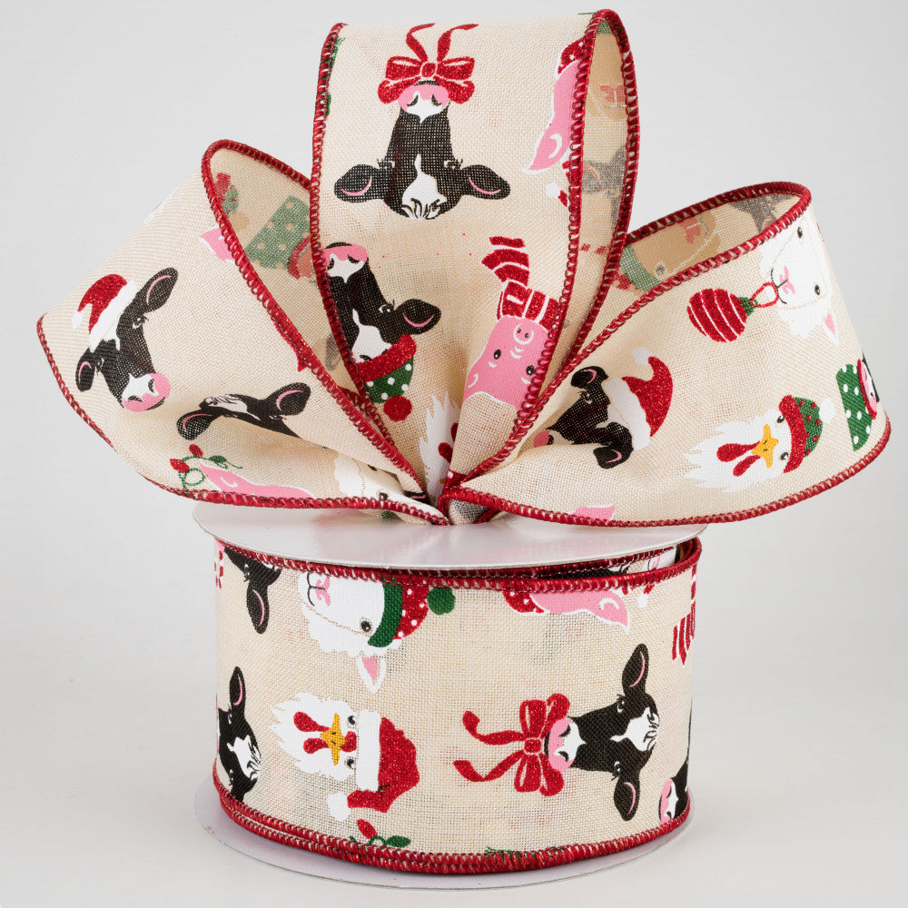 Christmas Farm Animals Cream Ribbon 2.5" x 10 yards