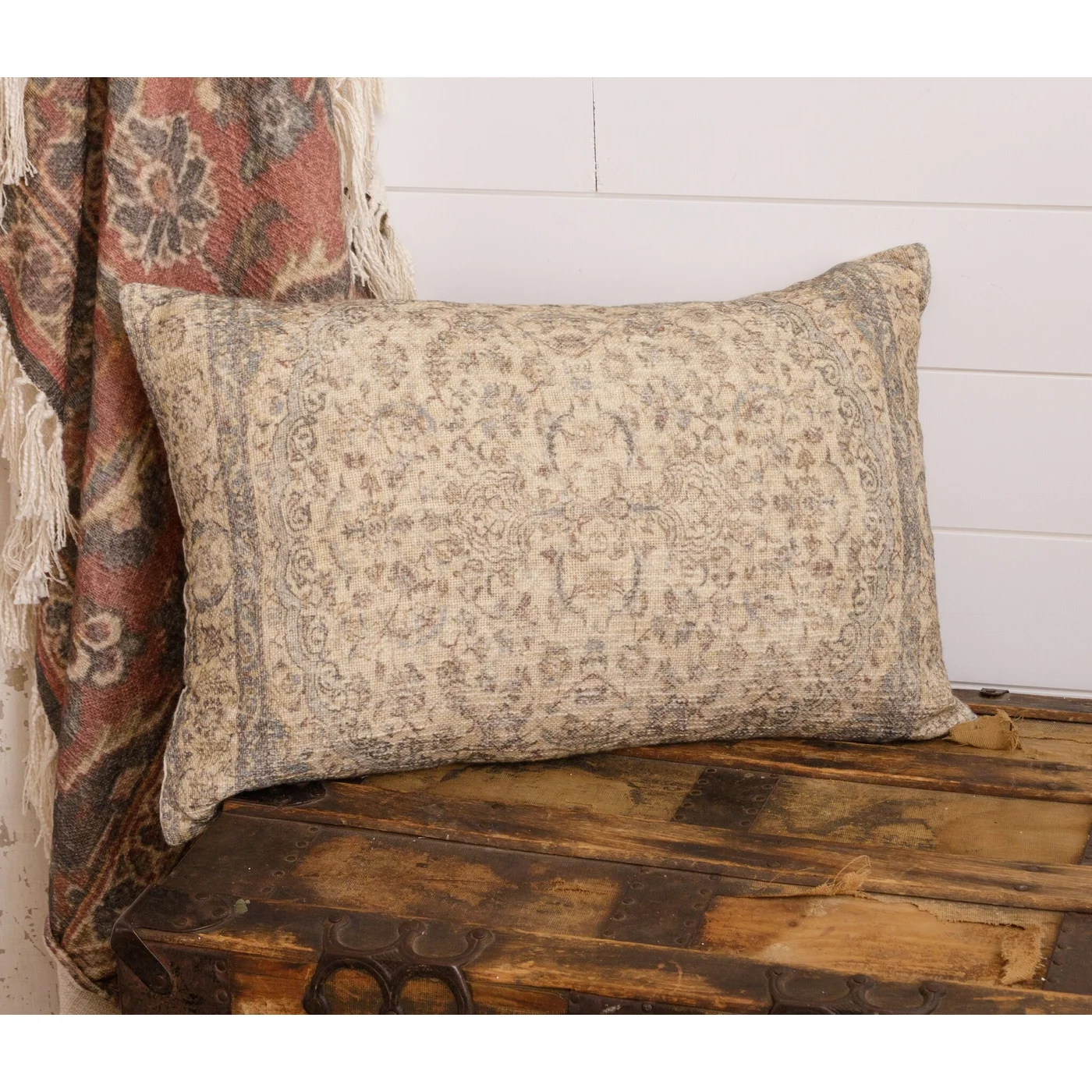 Dusty Blue and Cream Antique Style Rug Slub Lumbar Pillow