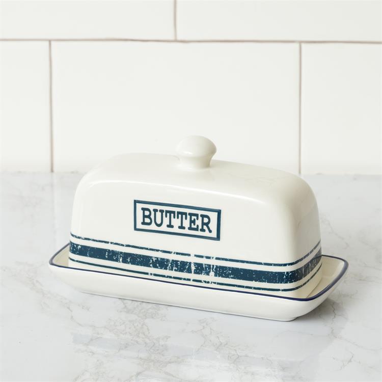 Blue Stripe Lidded Butter Dish