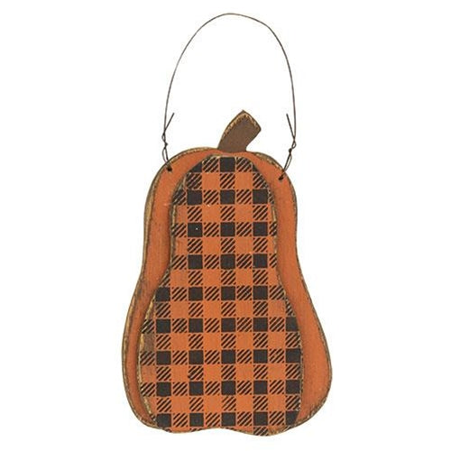 Set of 2 Layered Wood Buffalo Plaid Hanging Pumpkins