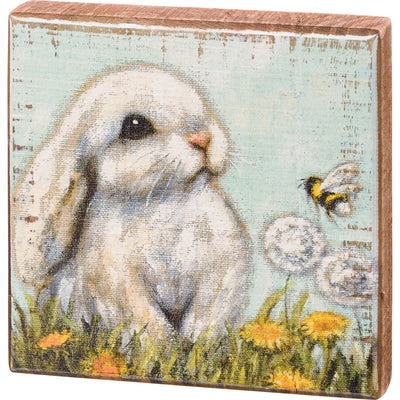 White Bunny and Bee 4.5" Wooden Block Sign