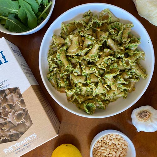 SFOGLINI RYE TRUMPETS WITH KALE PESTO