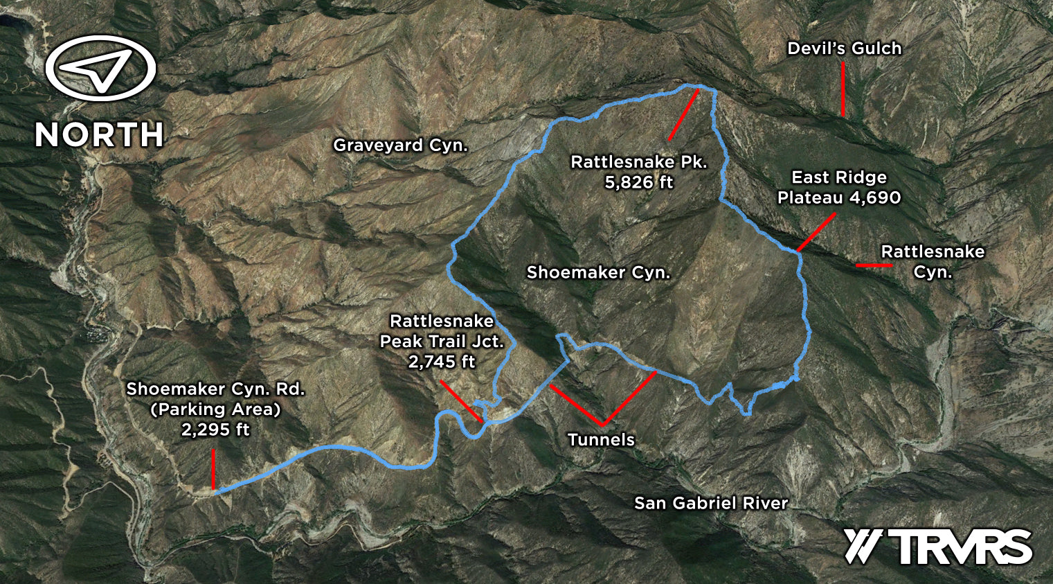 Google Earth Overview - East Ridge of Rattlesnake Peak, Shoemaker Canyon, San Gabriel Mountains, Angeles National Forest | TRVRS Outdoors