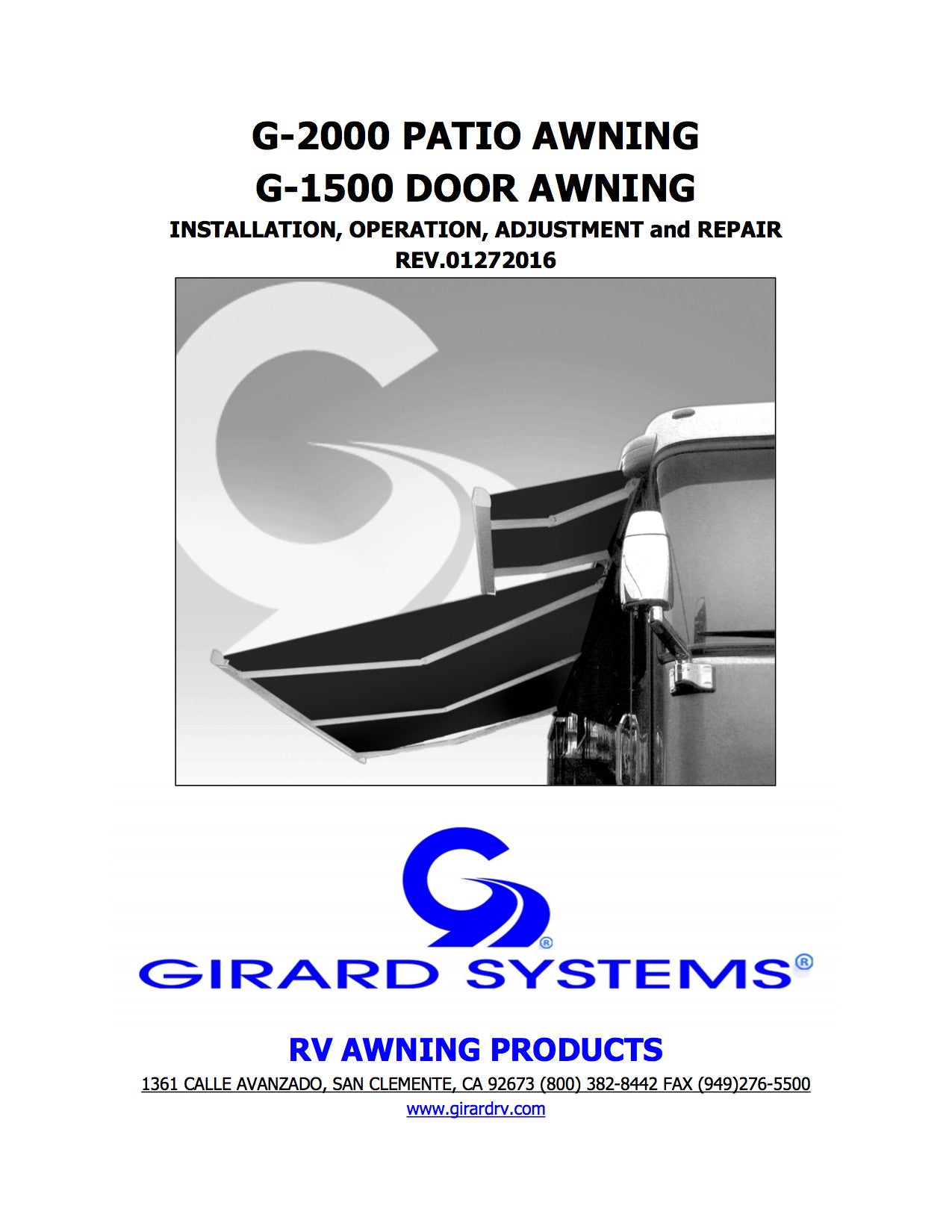 G 2000 Patio Awning G 1500 Door Awning Manual Girard RV Awnings