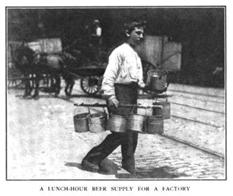 boy carrying beer growlers (historical, buckets on stick over shoulder) to factory workers for their lunch break