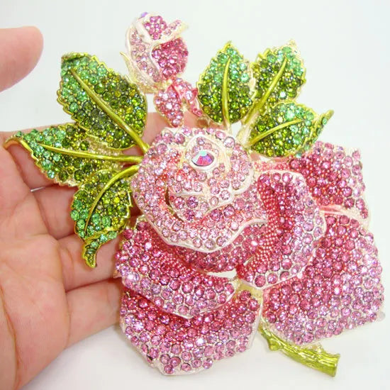 Rose Green Pink Bud Leaf Crystal Brooch Pink Rhinestone Flower